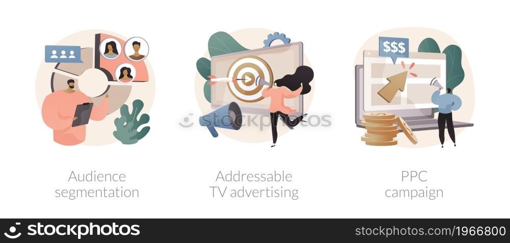 Digital ad campaign abstract concept vector illustration set. Audience segmentation, addressable TV advertising, PPC campaign, target marketing, search engine, driving traffic abstract metaphor.. Digital ad campaign abstract concept vector illustrations.