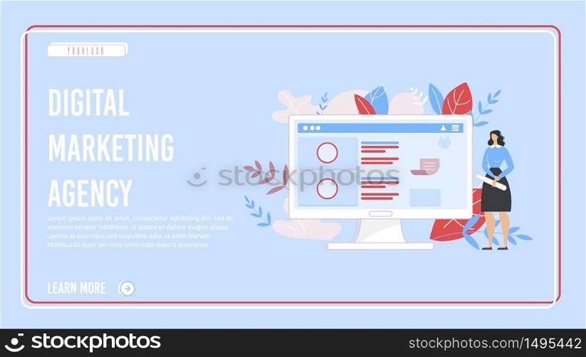 Digital Agency Marketing. Successful Businesswoman Presenting Effective Business Planning and Statistics Analysis. Flat Landing Page for Financial Analytic Company, Online Service. Vector Illustration. Effective Digital Agency Marketing Landing Page
