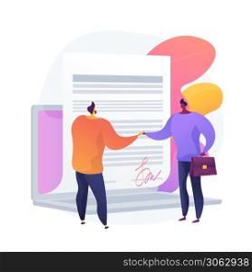 Digital agreement signing. Online document, contract signing, computerized business deal. Businessman, partners using electronic signature. Vector isolated concept metaphor illustration. Electronic contract vector concept metaphor