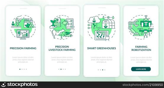 Digital agriculture green onboarding mobile app screen. Smart greenhouses walkthrough 4 steps graphic instructions pages with linear concepts. UI, UX, GUI template. Myriad Pro-Bold, Regular fonts used. Digital agriculture green onboarding mobile app screen