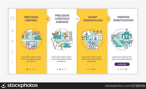 Digital agriculture yellow onboarding template. Precision livestock farming. Responsive mobile website with linear concept icons. Web page walkthrough 4 step screens. Lato-Bold, Regular fonts used. Digital agriculture yellow onboarding template