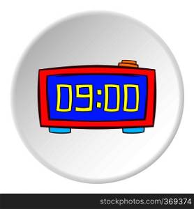 Digital alarm clock icon in cartoon style on white circle background. Time symbol vector illustration. Digital alarm clock icon, cartoon style