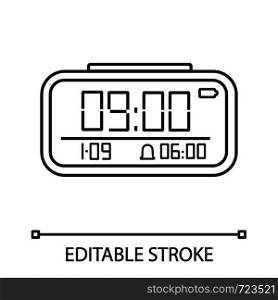 Digital alarm clock linear icon. Electronic clock. Thin line illustration. Digital alarm watch. Contour symbol. Vector isolated outline drawing. Editable stroke. Digital alarm clock linear icon