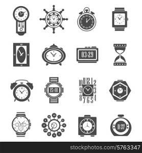 Digital and analog clock and sand watch black icons set isolated vector illustration. Clock Black Icons Set