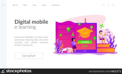 Digital and mobile learning, e-learning, flipped class, smart classroom and virtual learning concept. Website homepage interface UI template. Landing web page with infographic concept hero header image.. Digital learning landing page template.