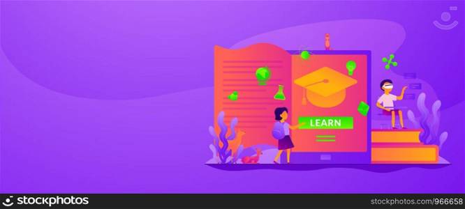 Digital and mobile learning, e-learning, flipped class, smart classroom and virtual learning concept. Vector banner template for social media with text copy space and infographic concept illustration.. Digital learning web banner concept.