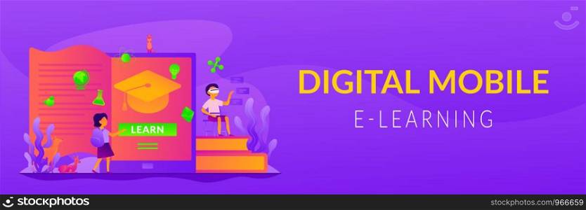 Digital and mobile learning, e-learning, flipped class, smart classroom and virtual learning concept. Vector banner template for social media with text copy space and infographic concept illustration.. Digital learning web banner concept.