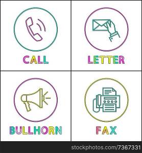 Digital application linear icons with symbols. Receiver on call button, letter exchange, bullhorn emblem and fax isolated flat vector illustrations.. Digital Application Linear Icons with Symbols Set