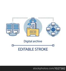 Digital archive concept icon. Internet content hosting idea thin line illustration. Servers network with media libraries. Database and data storage. Vector isolated outline drawing. Editable stroke