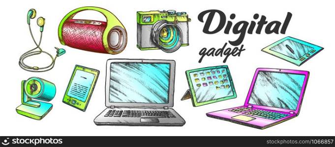 Digital Audio And Video Gadgets Retro Set Vector. Laptop And Tablet, Web And Photo Camera, Earphone And Wireless Speaker Gadgets. Engraving Template Designed In Vintage Style Color Illustrations. Digital Audio And Video Gadgets Color Set Vector