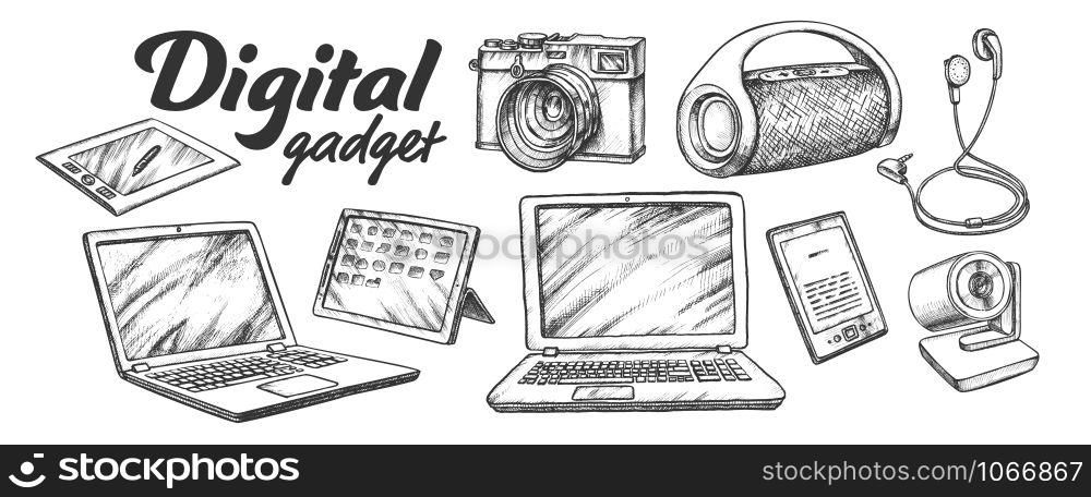 Digital Audio And Video Gadgets Retro Set Vector. Laptop And Tablet, Web And Photo Camera, Earphone And Wireless Speaker Gadgets. Engraving Template Designed In Vintage Style Monochrome Illustrations. Digital Audio And Video Gadgets Retro Set Vector