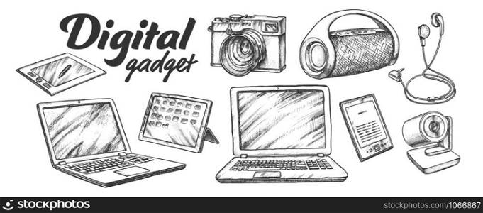 Digital Audio And Video Gadgets Retro Set Vector. Laptop And Tablet, Web And Photo Camera, Earphone And Wireless Speaker Gadgets. Engraving Template Designed In Vintage Style Monochrome Illustrations. Digital Audio And Video Gadgets Retro Set Vector