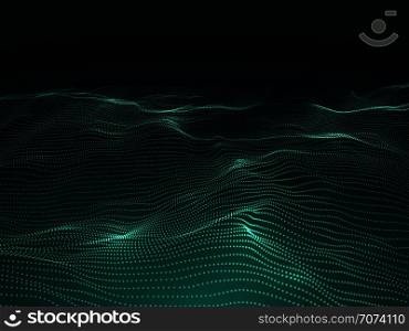 Digital background with wavy surface. 3d futuristic landscape with particles. Sound waves data vector concept. Futuristic flow surface layer illustration. Digital background with wavy surface. 3d futuristic landscape with particles. Sound waves data vector concept