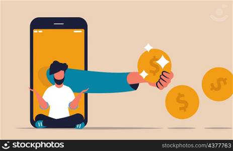Digital bank for online purchases. Hand holds a coin to pay for goods and a man sits calm vector illustration concept. Network money and people finance with smartphone. Innovation commerce pay