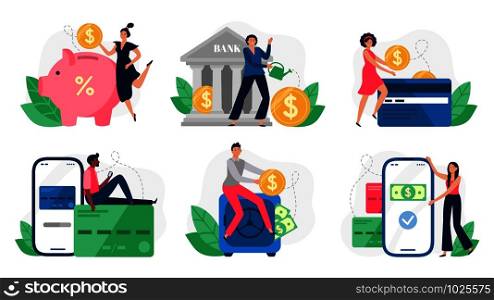 Digital banking. Bank transactions, credit card payment and internet payments. Online pay, payment machine or credit buying transaction. Flat isolated vector illustration icons set. Digital banking. Bank transactions, credit card payment and internet payments. Online pay vector illustration set