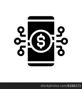 Digital banking black glyph icon. Managing money online. Mobile banking app. Virtual credit card. Financial service. Silhouette symbol on white space. Solid pictogram. Vector isolated illustration. Digital banking black glyph icon