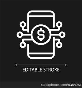 Digital banking pixel perfect white linear icon for dark theme. Managing money online. Mobile banking app. Thin line illustration. Isolated symbol for night mode. Editable stroke. Arial font used. Digital banking pixel perfect white linear icon for dark theme