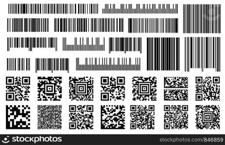 Digital barcode. Supermarket bar labels, shop inventory code and technology codes bars. Barcodes scan, sale coding number or retail shop barcoding sticker. Isolated signs vector set. Digital barcode. Supermarket bar labels, shop inventory code and technology codes bars. Barcodes vector set