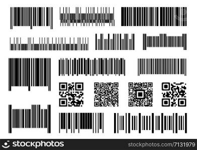 Digital barcode. Supermarket barcodes, scan code bars and industrial price label vector set. Product inventory, digital verification sticker. Packaging unique labels isolated on white background. Digital barcode. Supermarket barcodes, scan code bars and industrial price label vector set. Product inventory, digital verification. Packaging unique striped labels isolated on white background