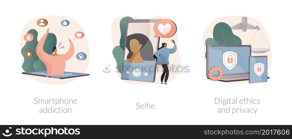 Digital behaviour abstract concept vector illustration set. Smartphone addiction, selfie, digital ethics and privacy, secure online data protection, social network activity, anxiety abstract metaphor.. Digital behaviour abstract concept vector illustrations.