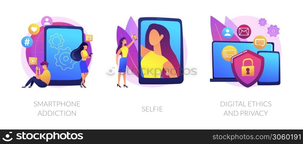 Digital behaviour abstract concept vector illustration set. Smartphone addiction, selfie, digital ethics and privacy, secure online data protection, social network activity, anxiety abstract metaphor.. Digital behaviour abstract concept vector illustrations.