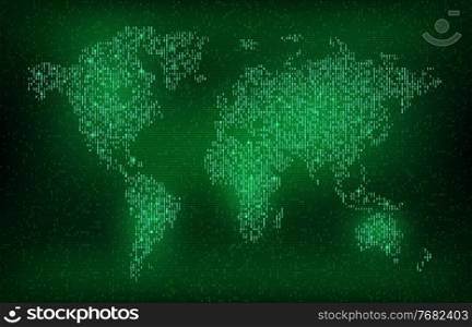 Digital binary code world map vector future technology design. Cyber background with glowing globe map of 0 and 1 numbers pattern, green neon data stream in shape of Earth surface, continents, oceans. Digital binary code world map, future technology