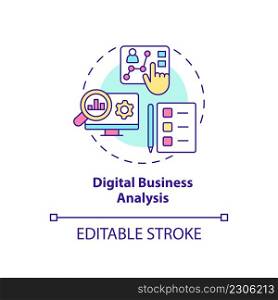 Digital business analysis concept icon. Review performance. Advanced digital skills abstract idea thin line illustration. Isolated outline drawing. Editable stroke. Arial, Myriad Pro-Bold fonts used. Digital business analysis concept icon