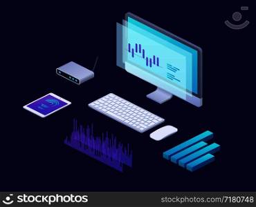 Digital business analytics isometric concept. 3d strategy infographic with laptop, tablet financial charts. Marketing vector design. Illustration of isometric analysis, internet digital statistics. Digital business analytics isometric concept. 3d strategy infographic with laptop, tablet financial charts. Marketing vector design