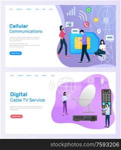 Digital cable tv service vector, cellular communication and people with satellite, sim card and phones in hands man and woman texting messages. Website or webpage template, landing page flat style. Cellular Communication and Digital Cable TV Web
