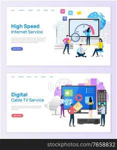 Digital cable TV service vector, people with screen of television and remote controller, high speed of internet clients using online innovations. Website or webpage template, landing page flat style. Digital Cable Tv Service High Speed of Internet
