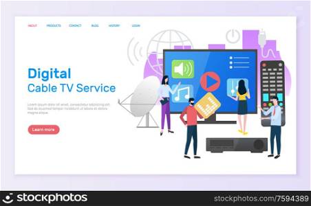 Digital cable TV service vector, television screen with play button and remote controller, people with using innovations, man and woman satellite. Website or webpage template, landing page flat style. Digital Cable TV Service People with Television