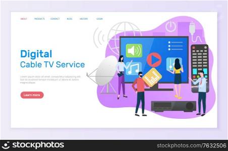 Digital cable TV service vector, television screen with play button and remote controller, people with using innovations, man and woman satellite. Website or webpage template, landing page flat style. Digital Cable TV Service People with Television