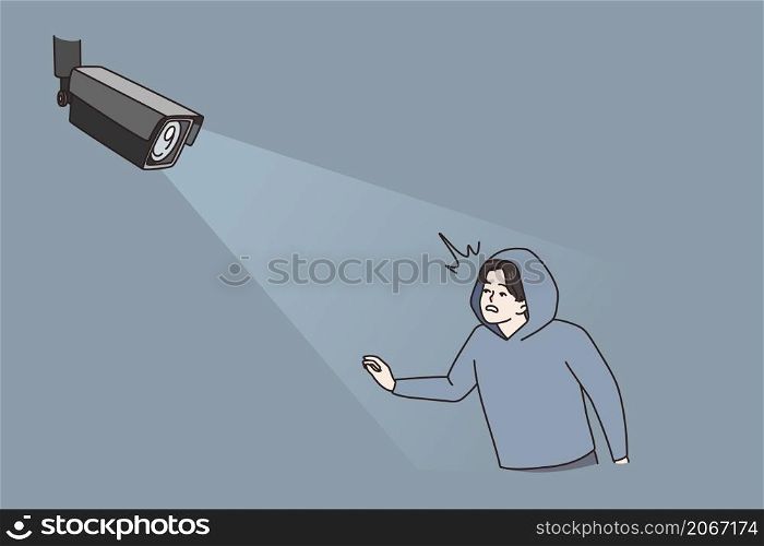 Digital camera catch criminal in light. CCTV modern cam detect monitor thief or burglar. Smart house automatic technology. House safety and security concept. Flat vector illustration. . Modern camera detect criminal in light moving