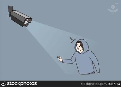 Digital camera catch criminal in light. CCTV modern cam detect monitor thief or burglar. Smart house automatic technology. House safety and security concept. Flat vector illustration. . Modern camera detect criminal in light moving