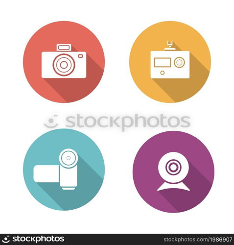 Digital camera flat design icons set. Slr vintage photocamera sign. Modern action camera pictogram. Video and webcam long shadow silhouette vector equipment symbols. Infographic multimedia elements. Digital camera flat design icons set