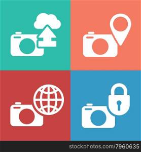 Digital camera icon set. Secured cloud image storage concept vector illustration.