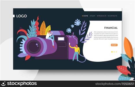 Digital cameras online shop and photographer service hobby or profession web page template vector photo device or gadget Internet site man taking shot powerful lens modern technology abstract plants. Photographer hobby or profession digital cameras online shop web page template