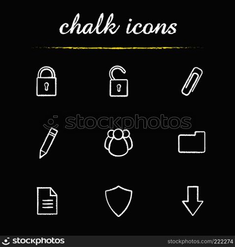Digital chalk icons set. Cyber security. Access granted and denied, save, edit, download buttons. Social network, folder, document, shield. Isolated vector chalkboard illustrations. Digital chalk icons set