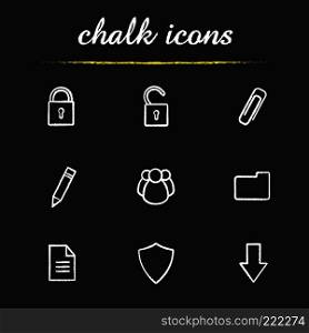 Digital chalk icons set. Cyber security. Access granted and denied, save, edit, download buttons. Social network, folder, document, shield. Isolated vector chalkboard illustrations. Digital chalk icons set