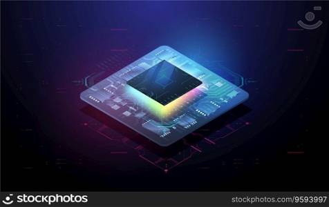 Digital chip with HUD elements. Futuristic microchip processor. Modern CPU illustration . Central Computer Processors. Tech Futuristic Template. Quantum computer database concept.