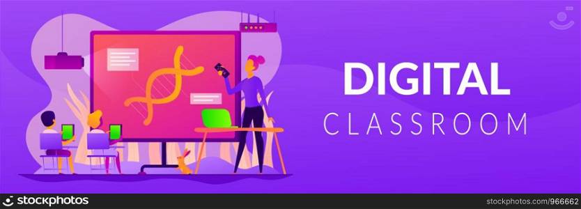 Digital classroom, flipped class and virtual learning, blended learning and smart classroom concept. Vector banner template for social media with text copy space and infographic concept illustration.. Digital classroom web banner concept.