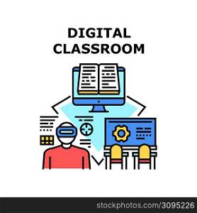 Digital Classroom Vector Icon Concept. Digital Classroom For Remote Studying And Learning Educational Lesson, Student Using Vr Glasses Electronic Technology For Study Color Illustration. Digital Classroom Vector Concept Color Illustration
