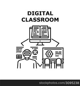 Digital Classroom Vector Icon Concept. Digital Classroom For Remote Studying And Learning Educational Lesson, Student Using Vr Glasses Electronic Technology For Study Black Illustration. Digital Classroom Vector Concept Black Illustration