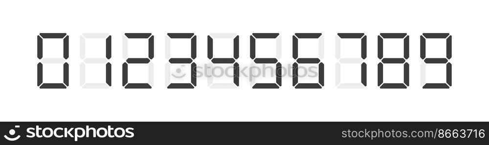 Digital clock number set. Led digit set. Calculator digital numbers. Electronic figures from 0 to 9. Vector illustration isolated on white.. Digital clock number set. Led calculator numbers. Vector illustration