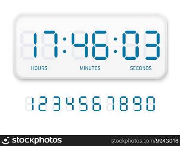 Digital clock numbers. Flat electron watch screen modern white alarm time display, timer bar font with hours, minutes and seconds. Countdown timer. Interface for electronic devices vector illustration. Digital clock numbers. Flat electron watch screen modern white alarm time display, timer bar font with hours, minutes and seconds. Countdown timer. Interface vector illustration