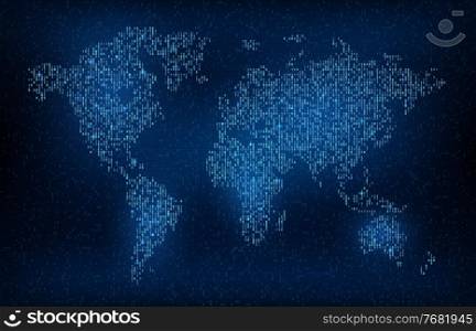 Digital code world map background in vector global earth network. Wold map in neon light blue pixels on digital display screen, worldwide connection and telecommunication technology. Wold map in digital code, global earth network