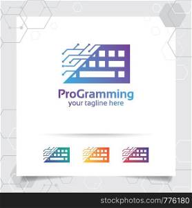 Digital coding logo vector design with concept of keyboard icon and programmer illustration for web development, UI/UX, desktop application, and developer.