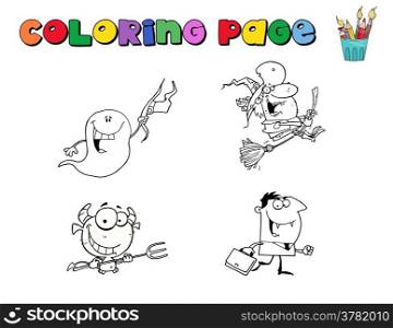 Digital Collage Of Halloween Character Coloring Page Outlines-1