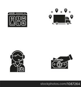 Digital commerce glyph icons set. Online shopping. Ordering delivery and payment by cash. Customer service assistance. Online store application. Silhouette symbols. Vector isolated illustration
