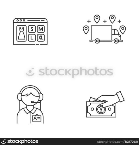 Digital commerce linear icons set. Online shopping. Ordering delivery and payment by cash. Online store application. Thin line contour symbols. Isolated vector outline illustrations. Editable stroke